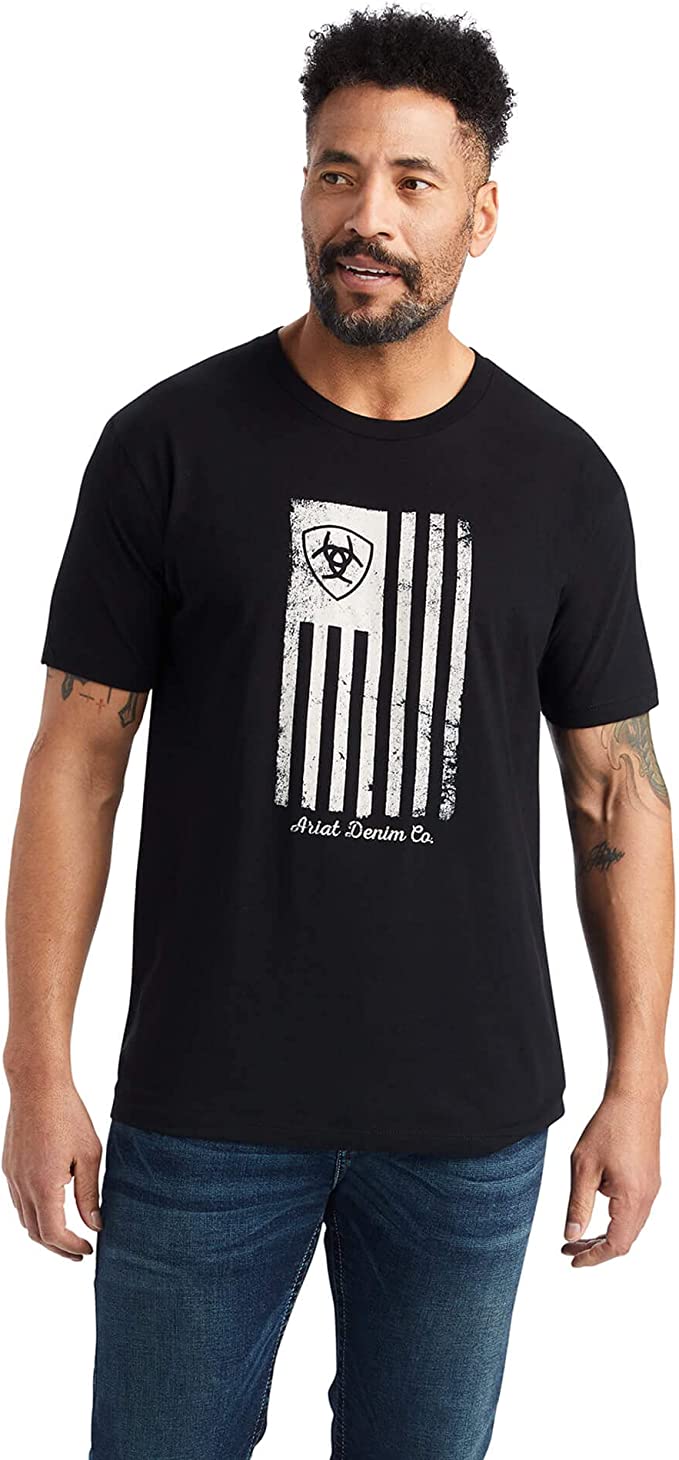 ARIAT Mens Faded Shield Flag Short Sleeve Tee Shirt, Black