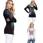 Vocal Womens Cross Wings with Stitches Rhinestone Long Sleeve Top