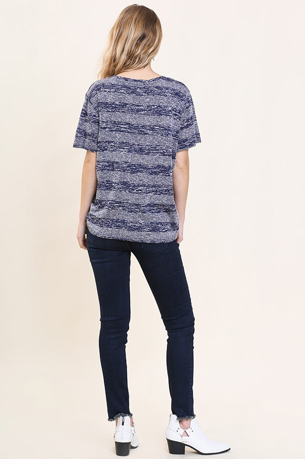 Umgee Womens Short Sleeve Round Neck Tonal Striped Top, Blue