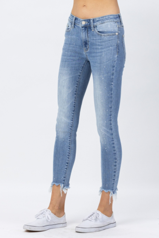 Judy Blue Womens Mid Rise Bleach Splash Shark Bite Skinny Denim Jeans