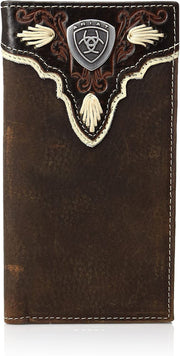 Ariat Mens Distressed Trim Shield Rodeo Western Leather Checkbook Cover Wallet