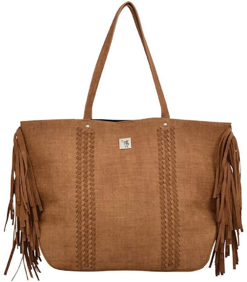 Angel Ranch Womens Braided Leather Fringe Deep Duffel Tote Bag Purse(Tan/Brown)