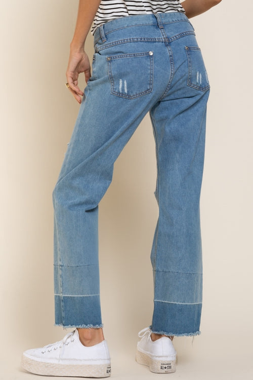 POL Clothing Womens Wide Leg Distressed Denim Jeans