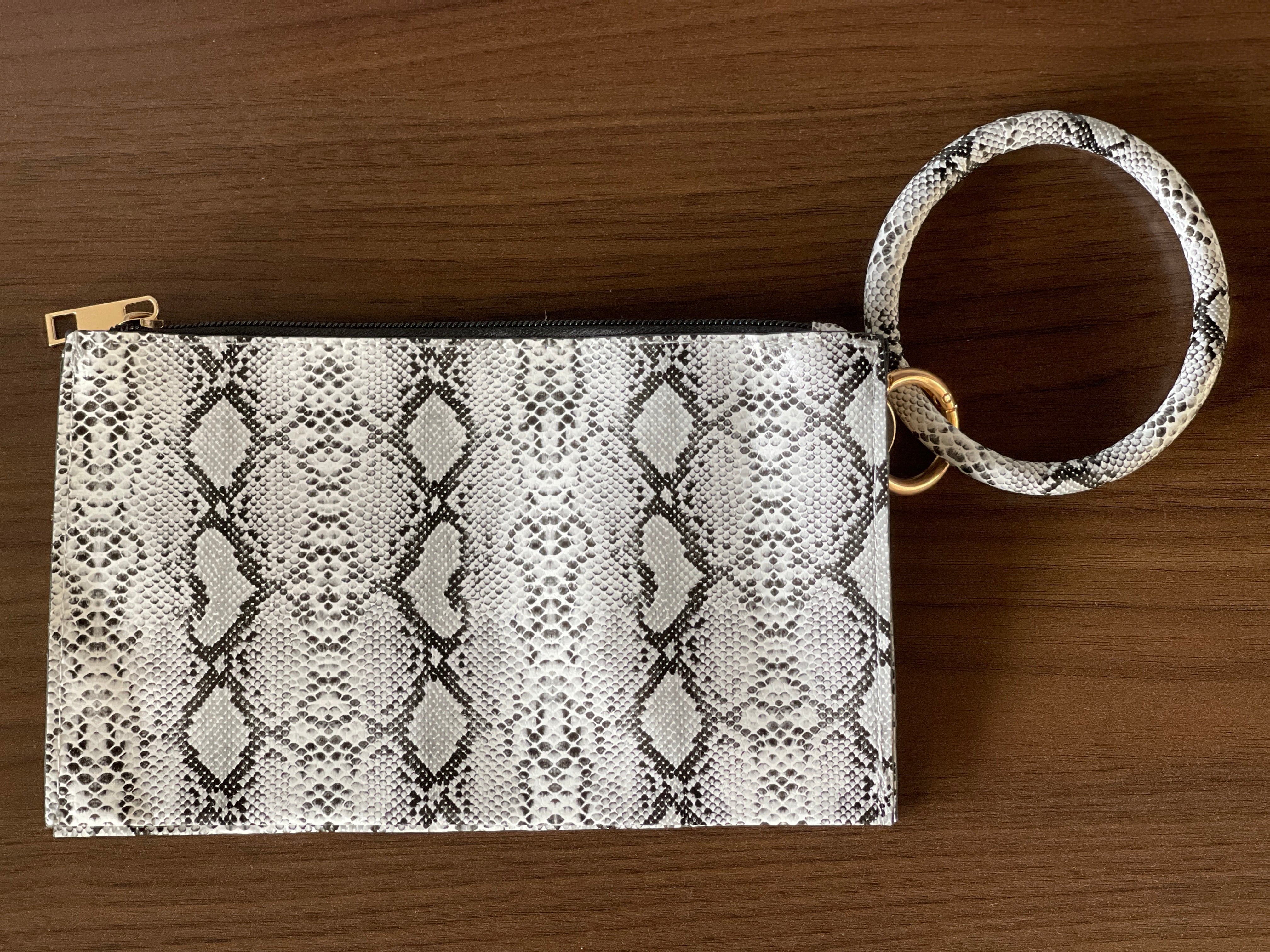 Story Wristlet in Snakeskin, Black and White, Medium