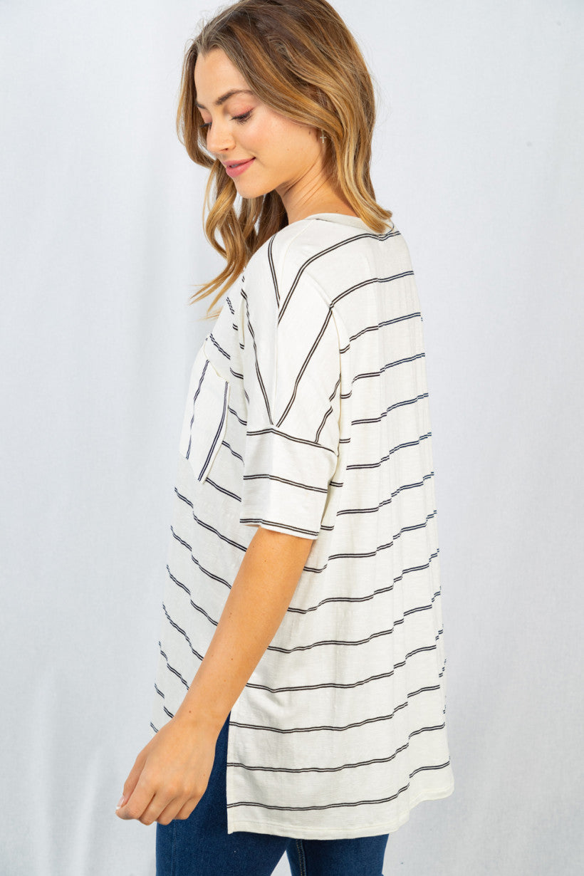 White Birch Womens Short Sleeve Striped V-Neck Knit Top