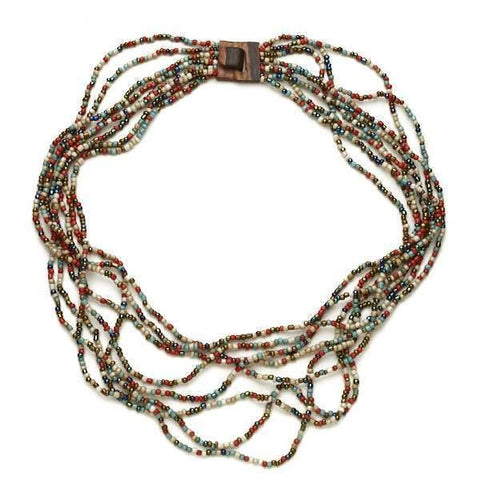 Womens Multi-Strand Multicolored Necklace With Wooden Clasp