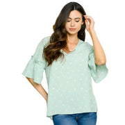 Vine & Love Womens V-neck Ruffle Sleeve Polka Dot Blouse