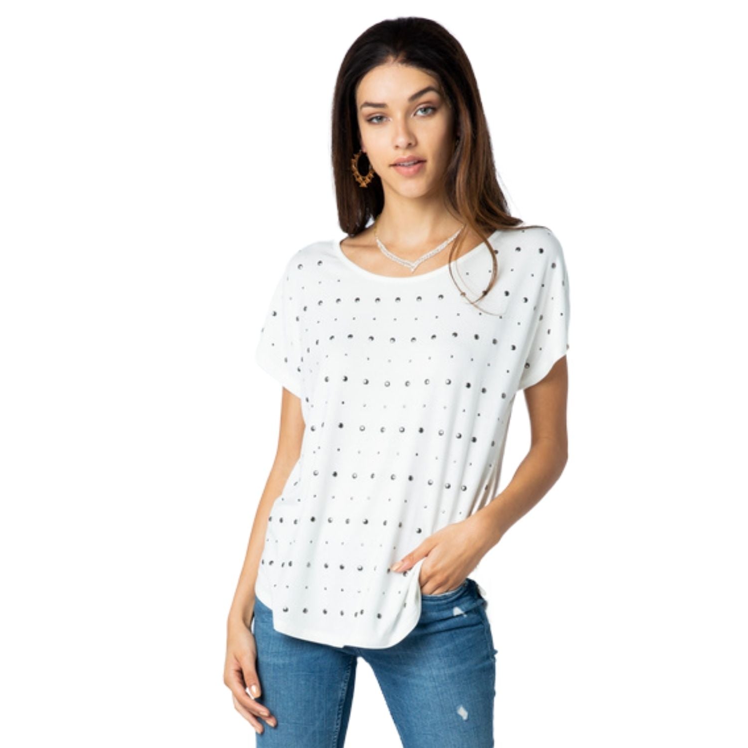 Vocal Womens Loose Studded Scoop Neck Short Sleeve Top, Off White