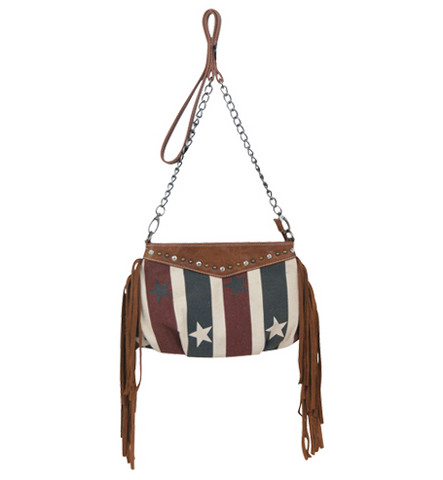 Canvas Stars and Stripes with Suede Fringe Crossbody Purse