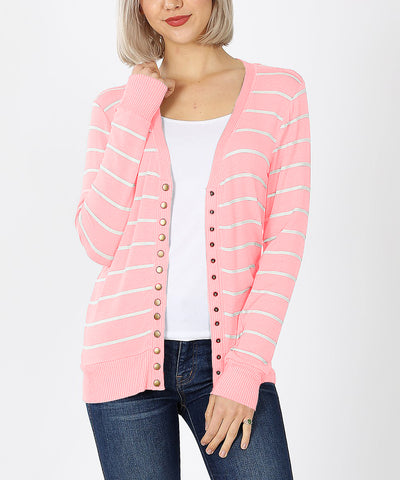 Zenana Womens Striped Snap Button Cardigan Sweater