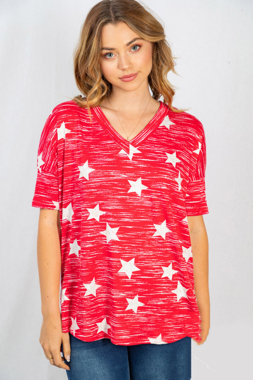 White Birch Womens Short Sleeve V-Neck Hi-Lo Top, Red White Stars