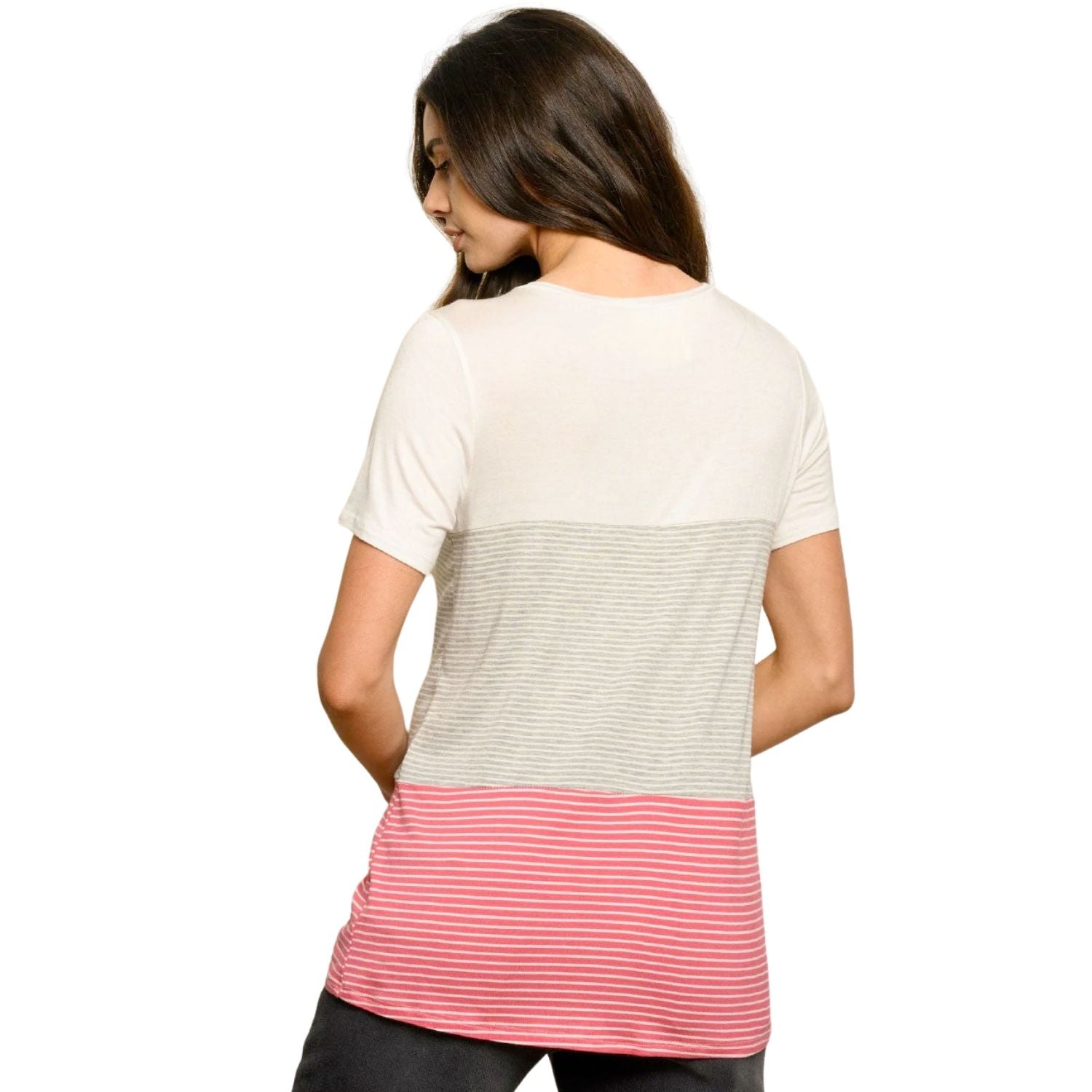 Fantastic Fawn Womens Color Block Stripe Short Sleeve Round Neck Top