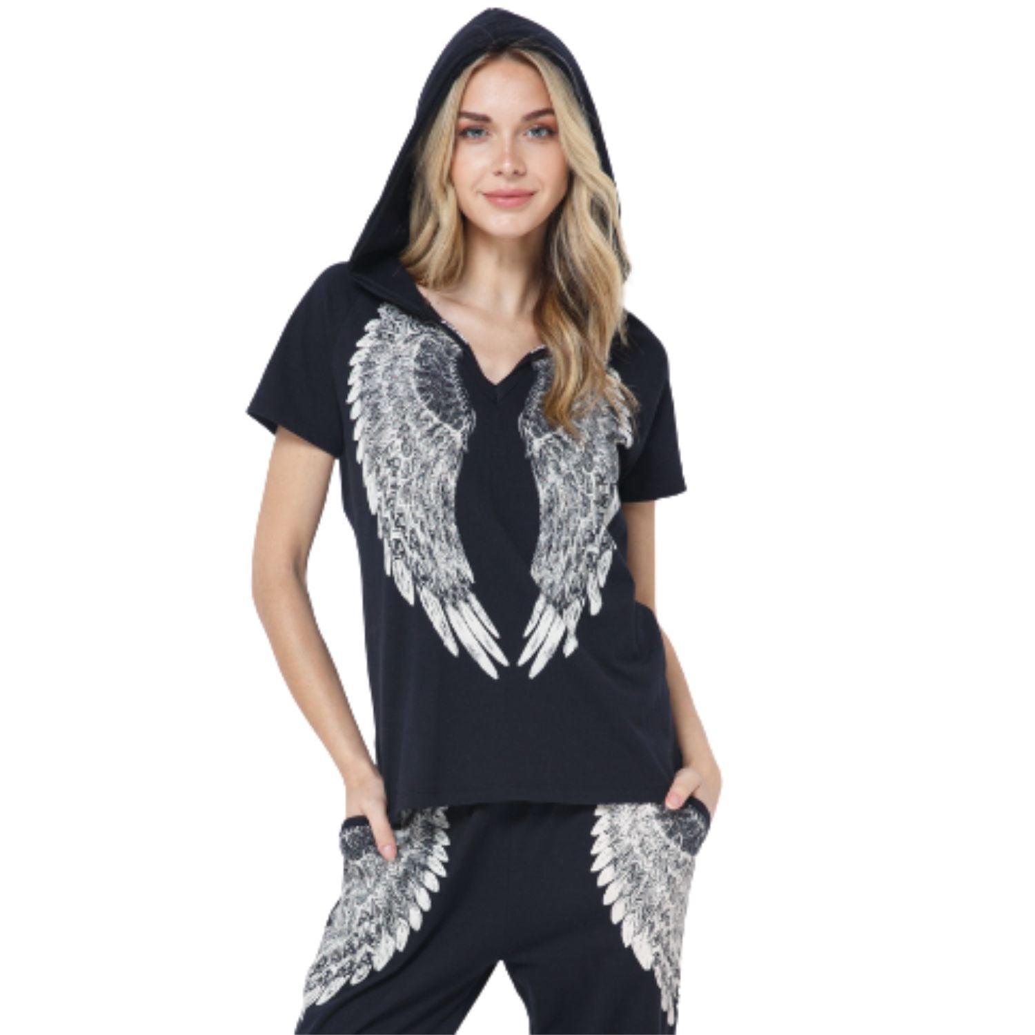 Vocal Apparel Womens Short Sleeve Hooded Angel Wings Top