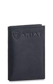 Ariat Mens Embossed Logo Leather Tri-fold Wallet , Black