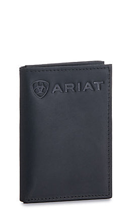 Ariat Mens Embossed Logo Leather Tri-fold Wallet , Black