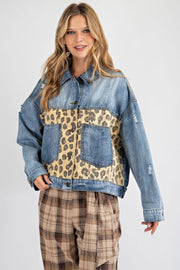 Easel Womens Animal Print Distressed Boyfriend Denim Jacket