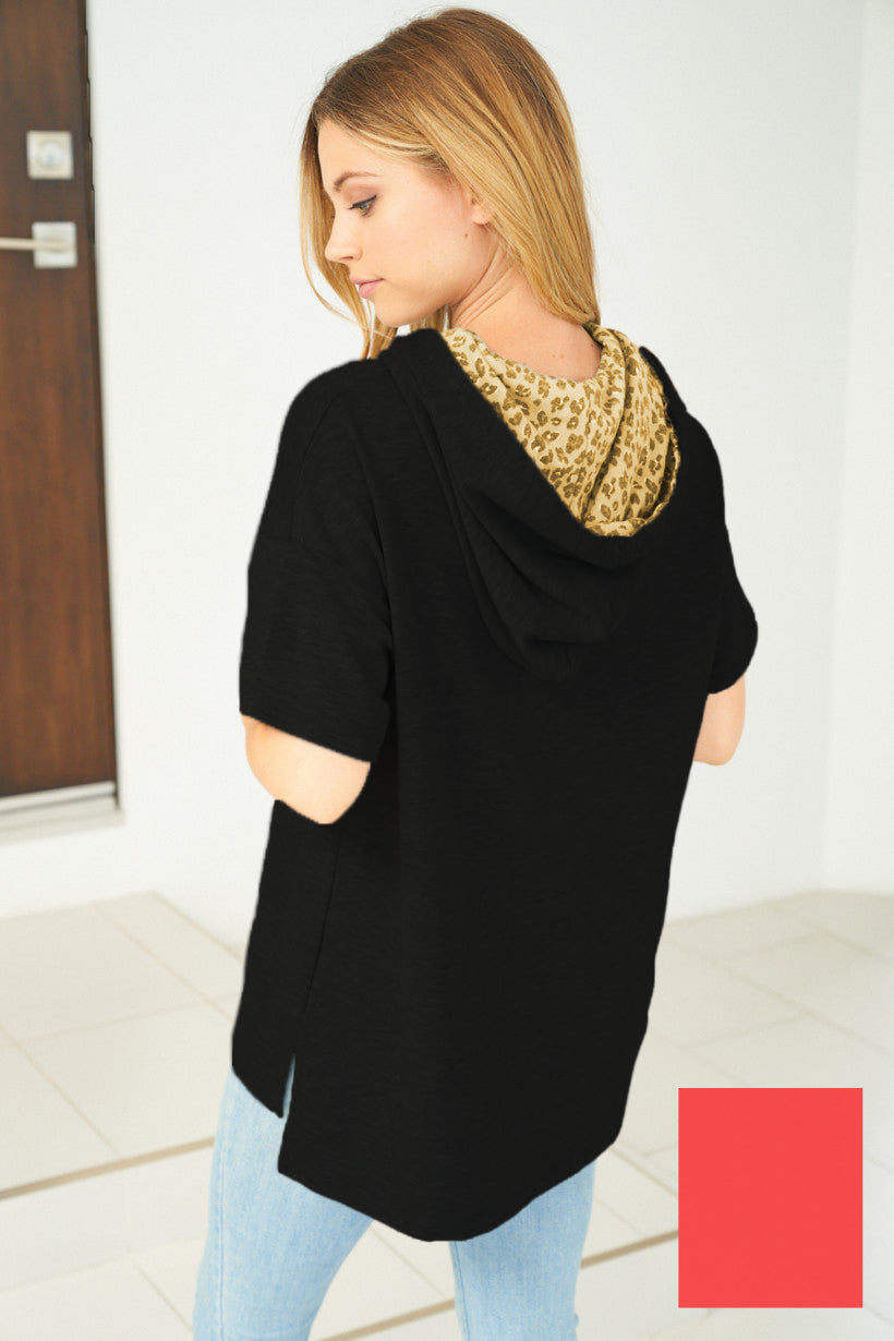 White Birch Womens Short Sleeve Solid Knit Hooded Top