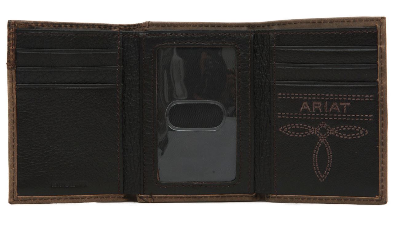 Ariat Mens Brown Leather Boot Stitched Tri-Fold Wallet (Medium Brown)