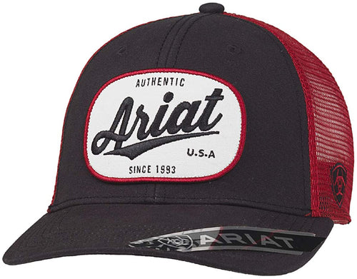 Ariat Mens Logo Patch Mesh Back Adjustable Snapback Cap Hat (Black/Red)