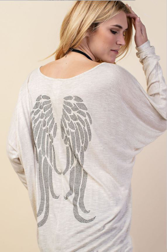 Vocal Womens Rhinestone Angel Wings Long Sleeve Dolman Top