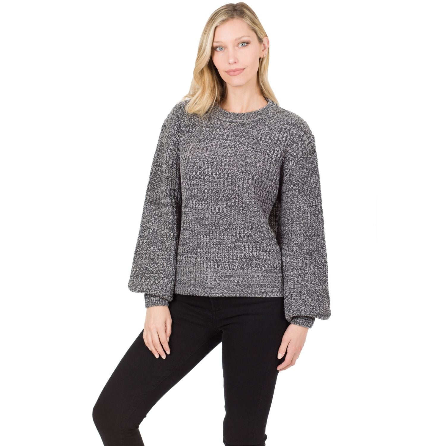 Zenana Womens Melange Balloon Sleeve Acrylic Sweater