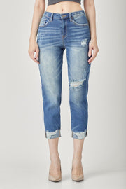 Risen Jeans Womens High Rise Boyfriend Distressed Denim Cuffed Jeans