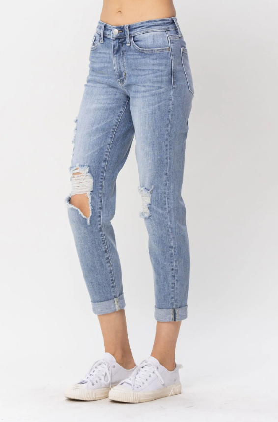 Judy Blue Womens Mid Rise Double Cuff Destroyed Boyfriend Denim Jeans