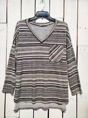 Carole Christian Long Sleeve Striped Pocket Top