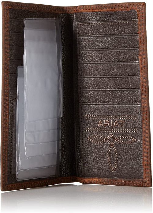 Ariat Mens Rowdy Rodeo Triple-Stitch Leather Checkbook Cover Wallet (Brown)