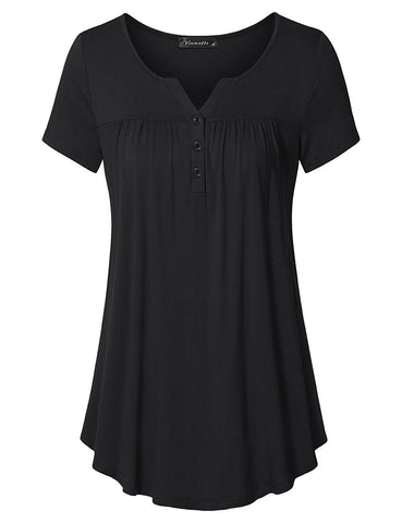 Vinmatto Women's Short Sleeve Henley V-Neck Tunic Shirt Top (Black, Medium)