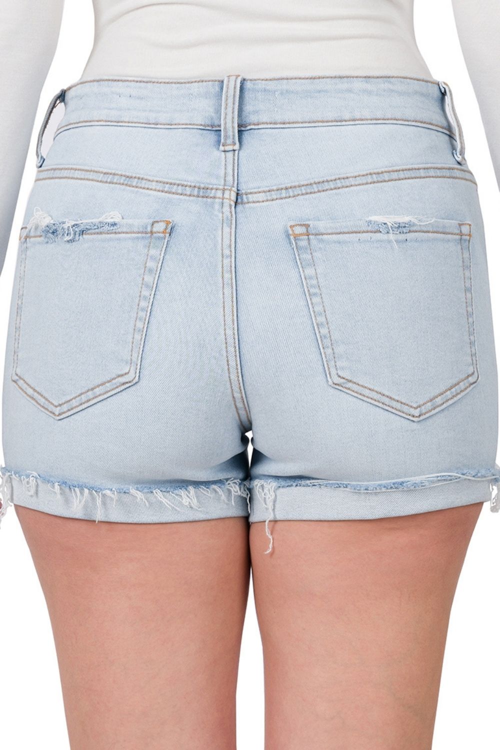 Zenana Womens Cuffed Raw Hem Distressed Denim Shorts