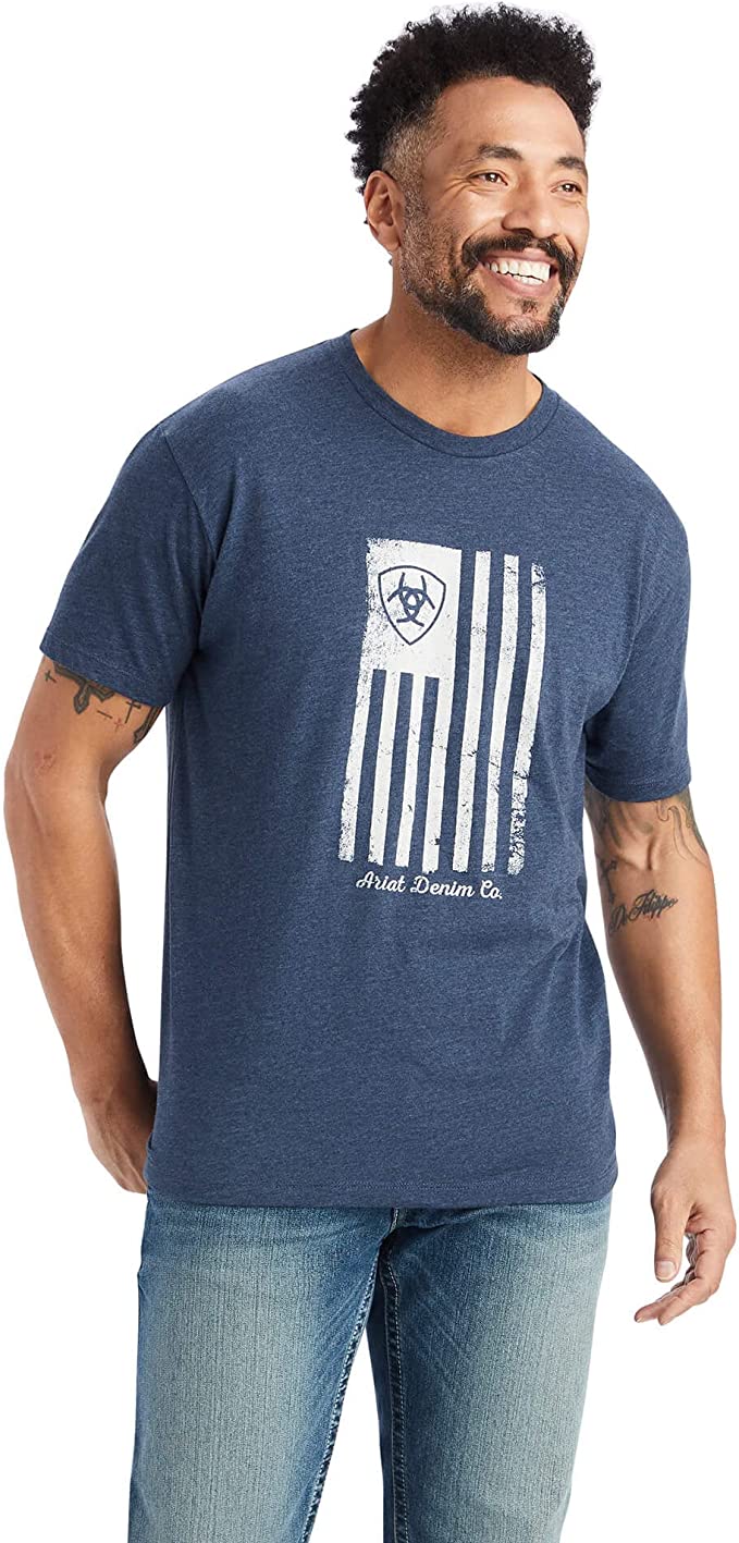 ARIAT Mens Faded Shield Flag Short Sleeve Tee Shirt, Navy Heather