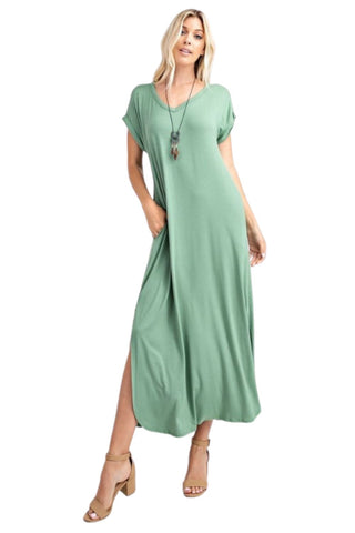 Rae Mode Womens V-Neck Slit Side With Pockets Maxi Dress