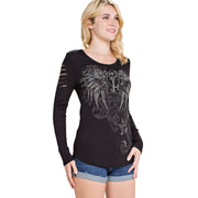Vocal Womens Ribbed Long sleeve Top with Rhinestones and Laser Cut Details