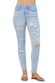 Judy Blue Womens Tummy Control Hi-Rise Destroyed Skinny Jeans