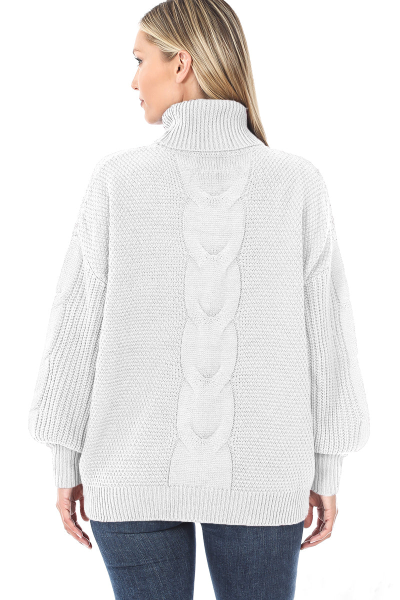 Zenana Womens Cable Knit Turtleneck Balloon Sleeve Sweater