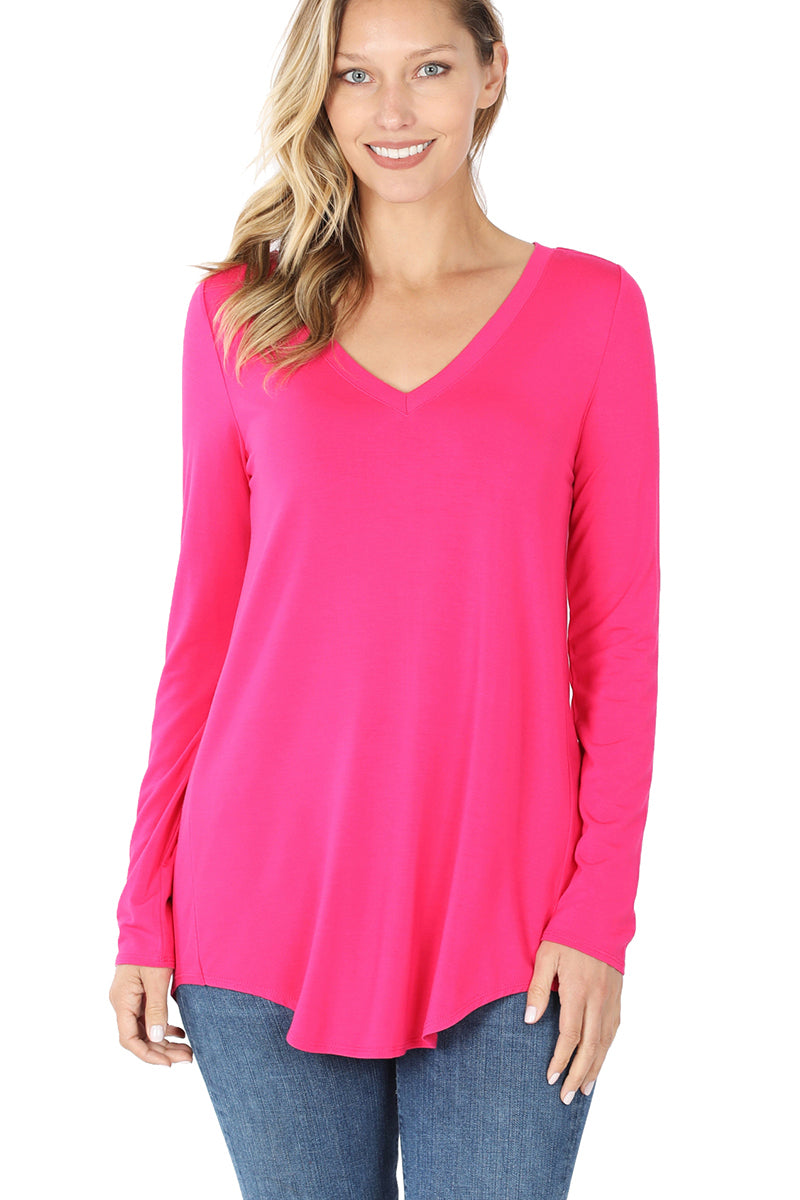 Zenana Color Alien Long Sleeve V-neck Dolphin Hem Top
