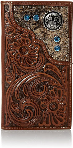 Nocona Mens Floral Embossed Tan Leather Rodeo Wallet Checkbook Cover