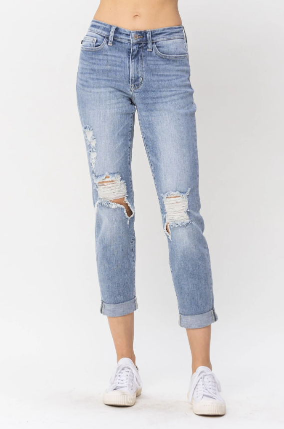 Judy Blue Womens Mid Rise Double Cuff Destroyed Boyfriend Denim Jeans
