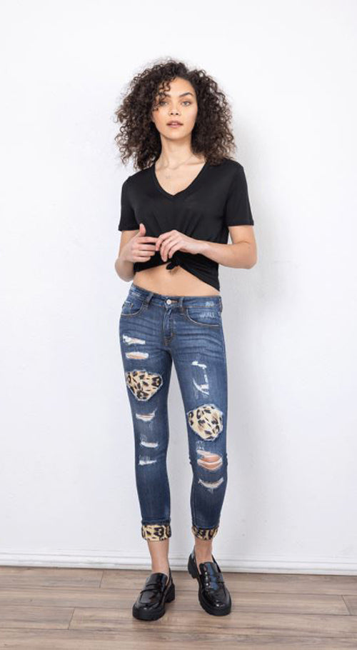 Kancan Womens Vienna Mid Rise Leopard Patch Super Skinny Jeans