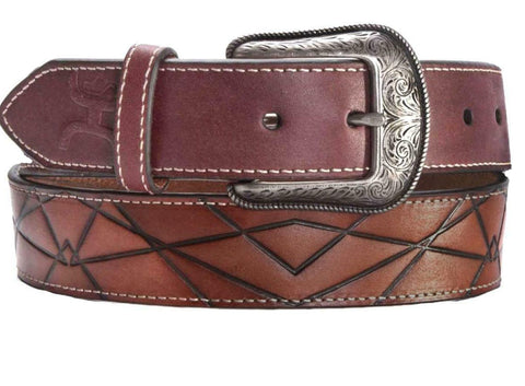 Hooey Mens Western Tooled Geometric Pattern Logo Leather Belt ,Brown Black
