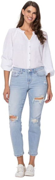 Judy Blue Womens Mid Rise Destroyed Ankle Length Boyfriend Jeans