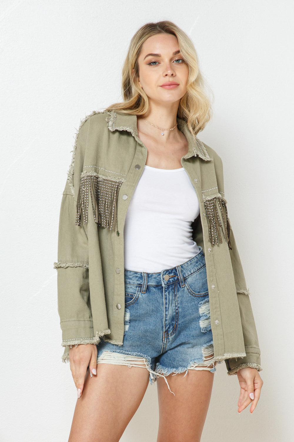 Blue B Womens Studded Fringe Denim Jacket, Shacket