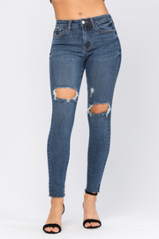 Judy Blue Womens Destroyed Knee Mid Rise Denim Skinny Jeans
