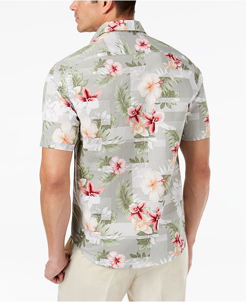 Tasso Elba Men's Molino Hibiscus Floral Print Linen Shirt (Grey Combo, Small)