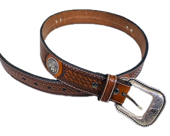 Ariat Mens Western Basket Stamp Circle Concho Leather Belt