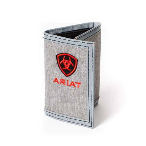 Ariat Mens Center Shield Logo Cotton Leather Tri-fold Wallet, Grey