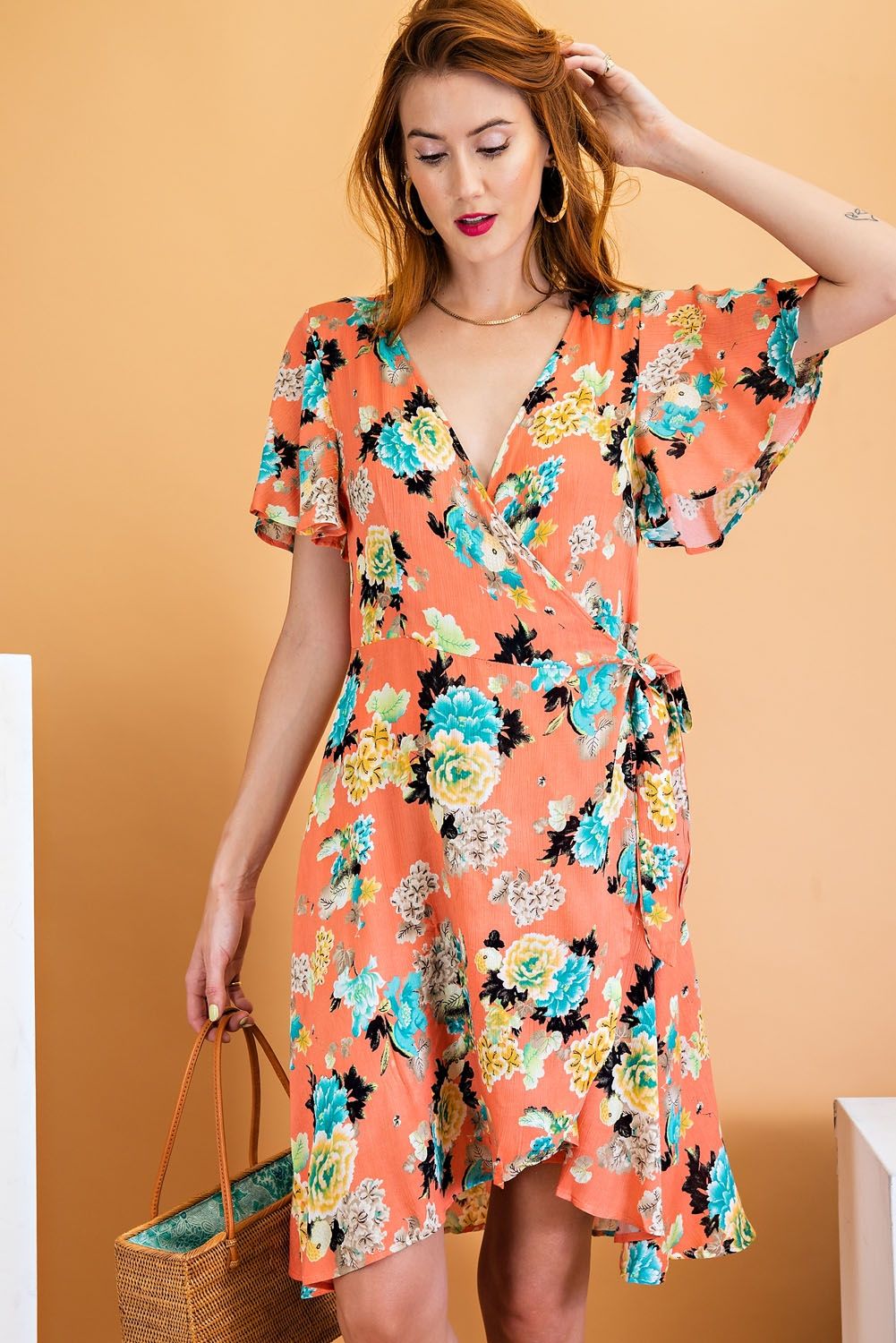 Easel Womens Floral Print Tie Waist Wrap Dress