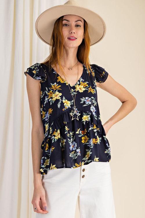 Easel Women Loose Fit Floral Print Ruffle Cap Sleeve Top