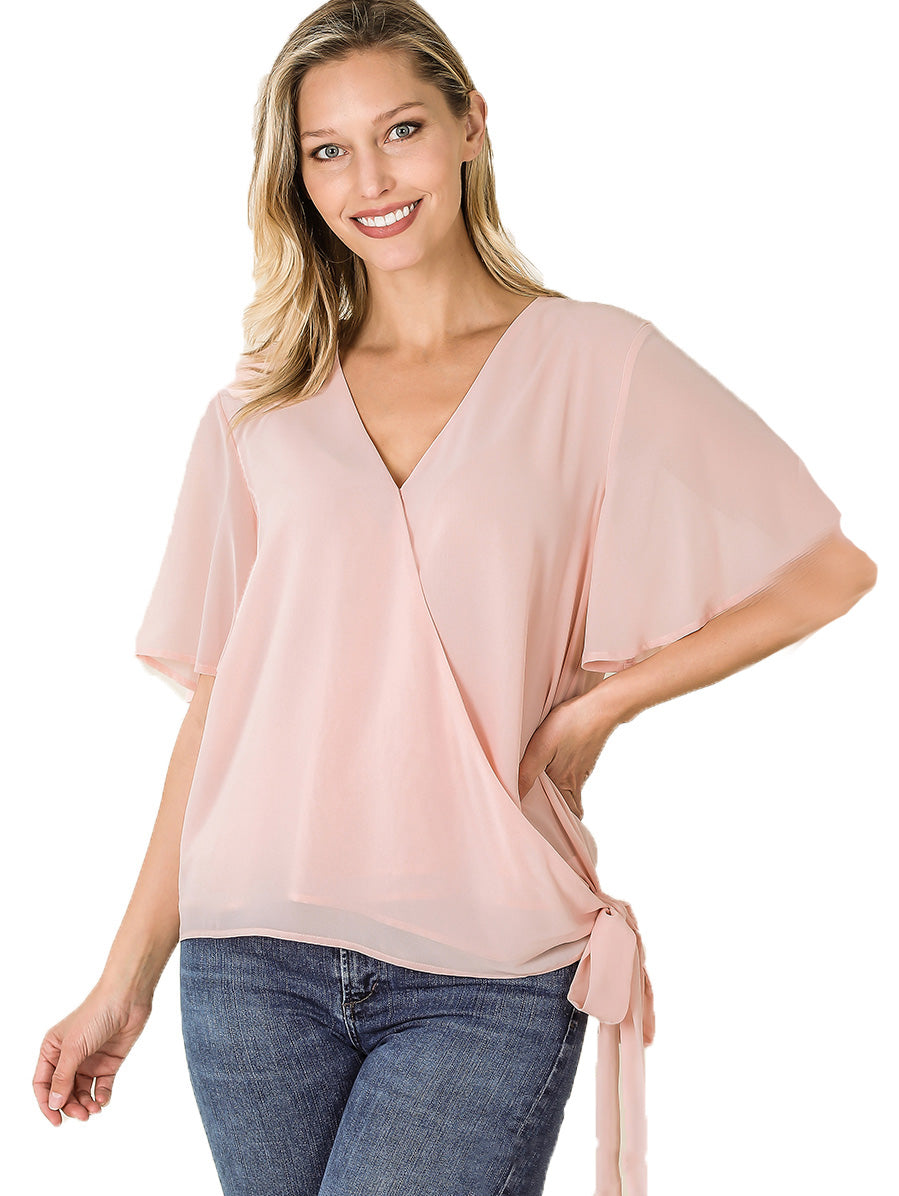 Zenana Womens Woven Double Layer Chiffon Side Tie Bell Sleeve Top